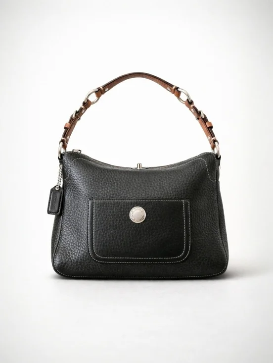 Coach Chelsea Turnlock Hobo Black Pebbled Leather Shoulder Bag Brown Strap Small - Picture 3 of 16